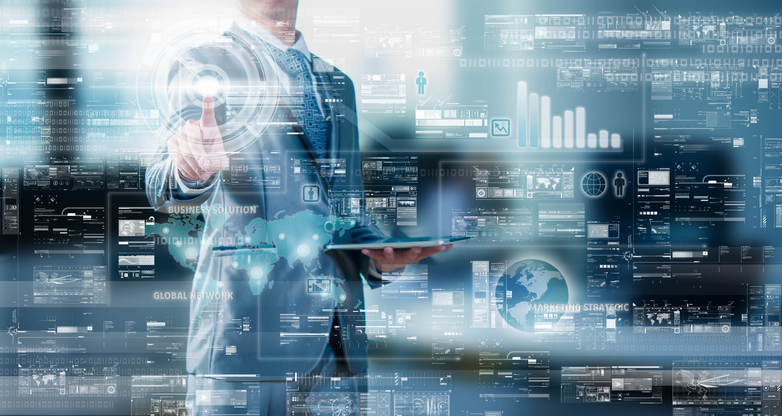 Businessman press on digital screen, digital layer effect, busin Business man and charts